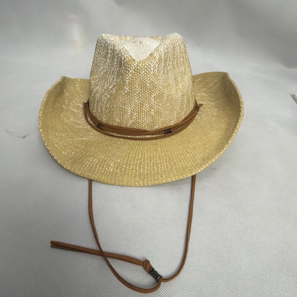 Coolibar UPF 50 Two Tone Western Cowboy Hat with Brown Chin Strap